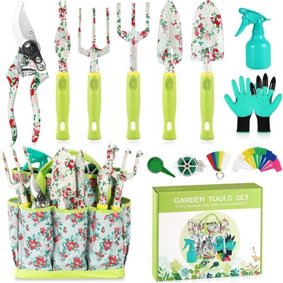13 PCS Heavy Duty Aluminum Gardening Tools Kit Floral Print with Rubber Handle - Picture 1 of 7